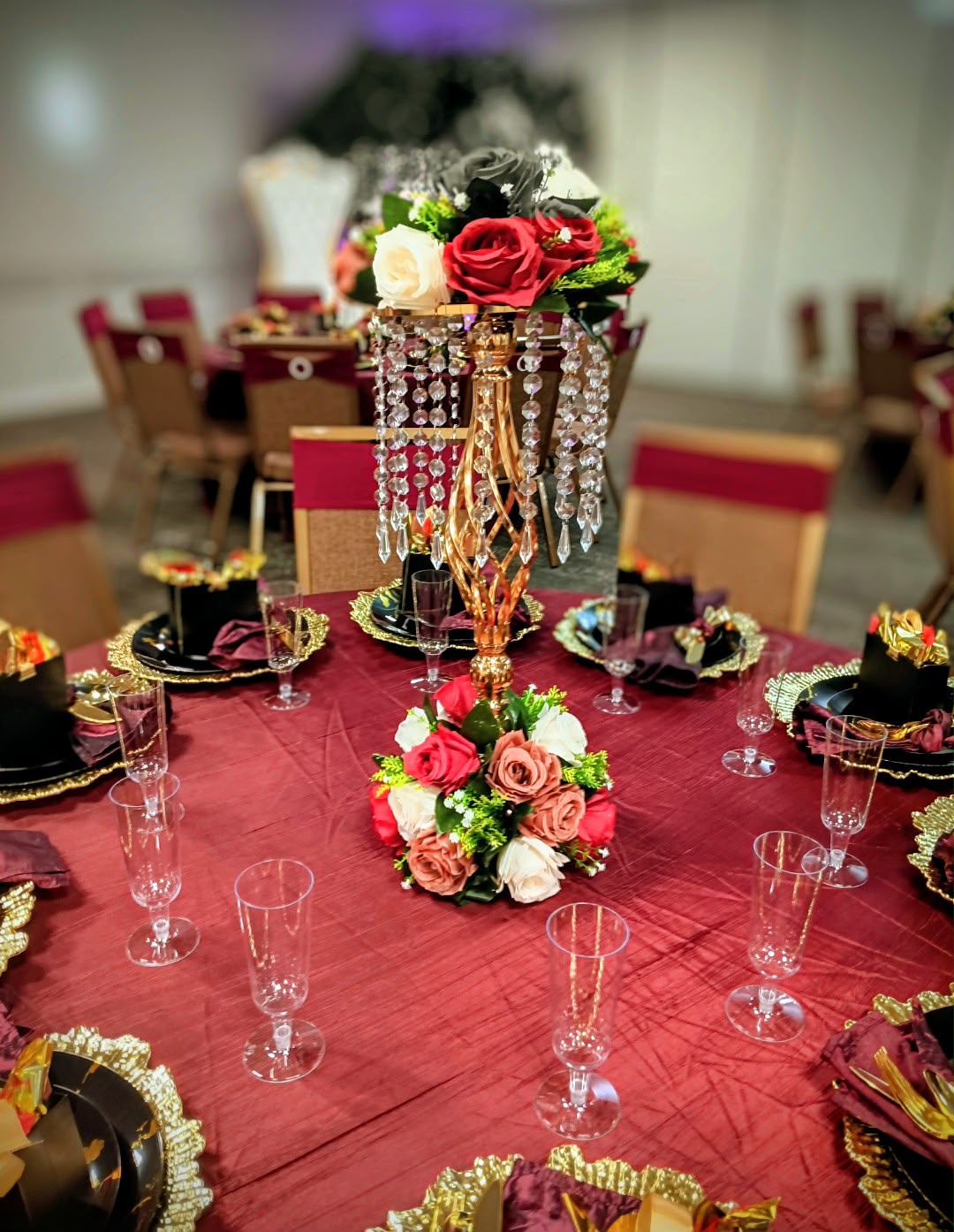 Candlelit dinner table with brass candlesticks