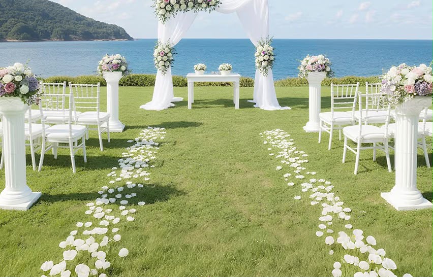 Romantic outdoor wedding reception set with long tables, candles, and floral runners